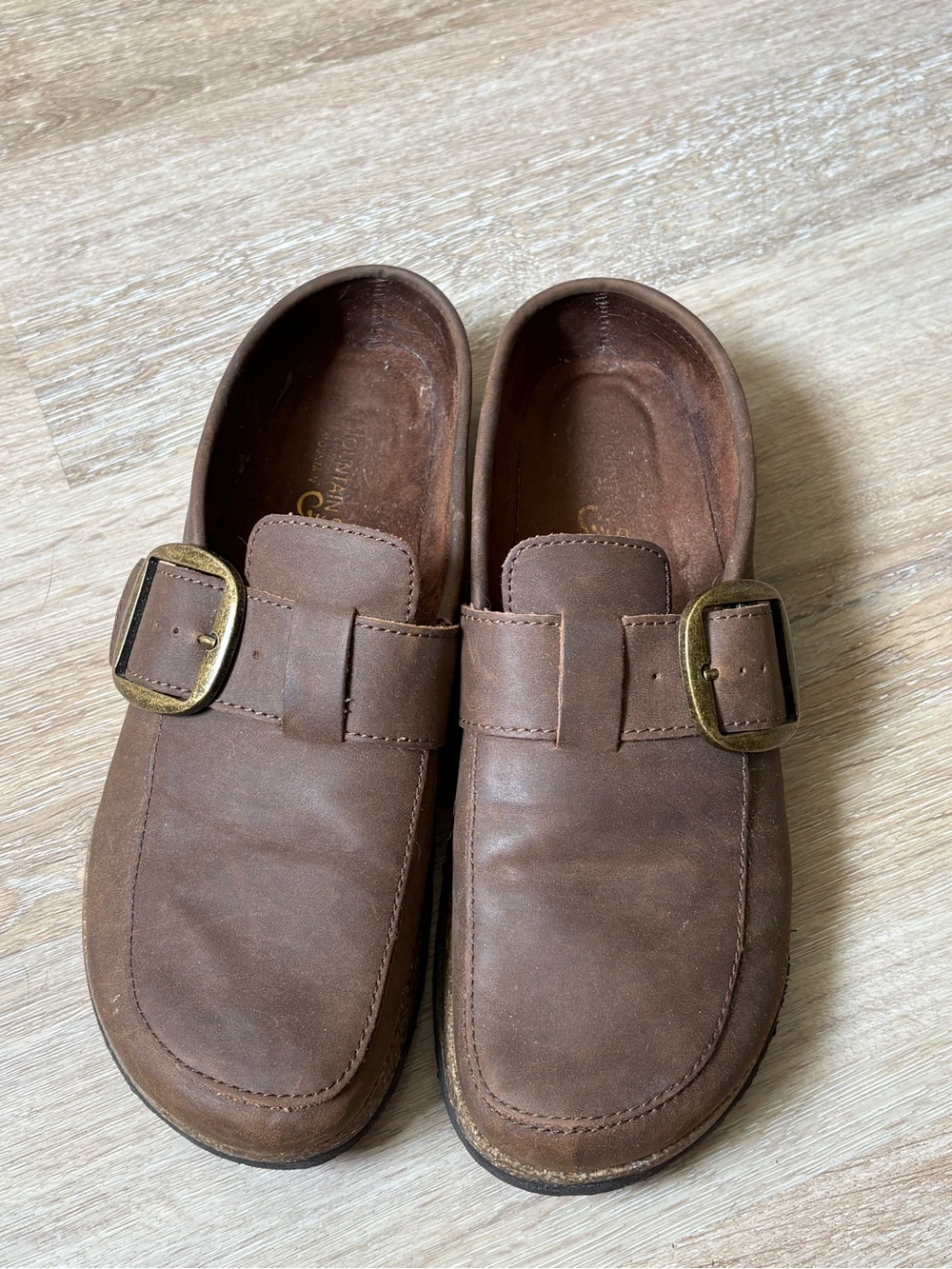 Women’s Brown Leather Slip-On Mule with Buckle Detail